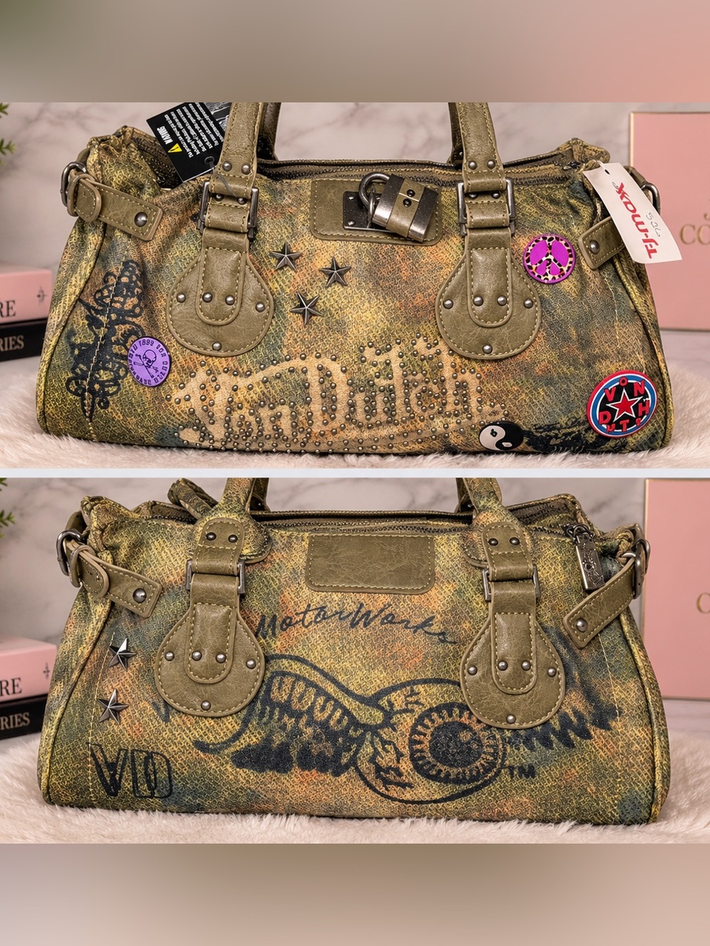 Von Dutch Olive Green Studded Satchel Bag
